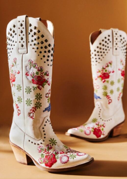 Dingo Shoes - Anthropologie Dingo Poppy White Floral Embroidered Western Boots-Size 7.5